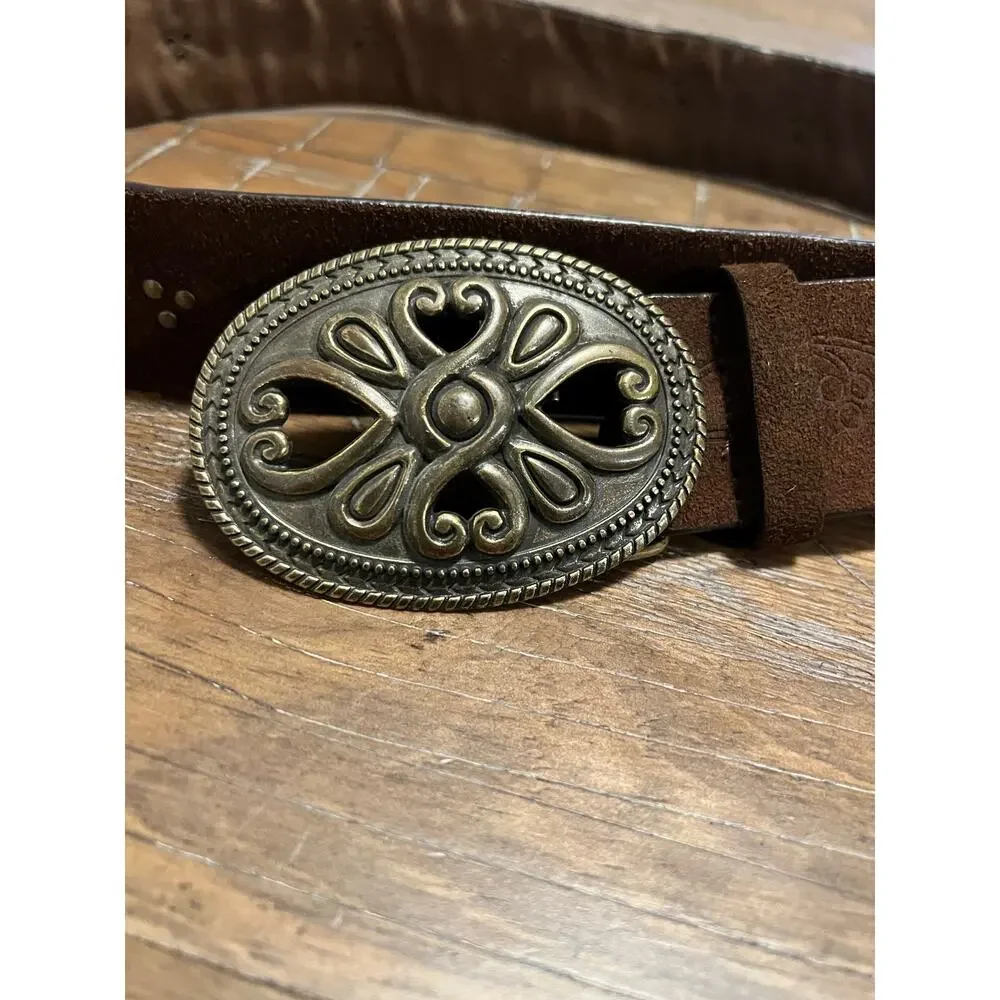 Brown Leather Belt with Unique Belt Buckle Size Large Studded Etched Strap Boho